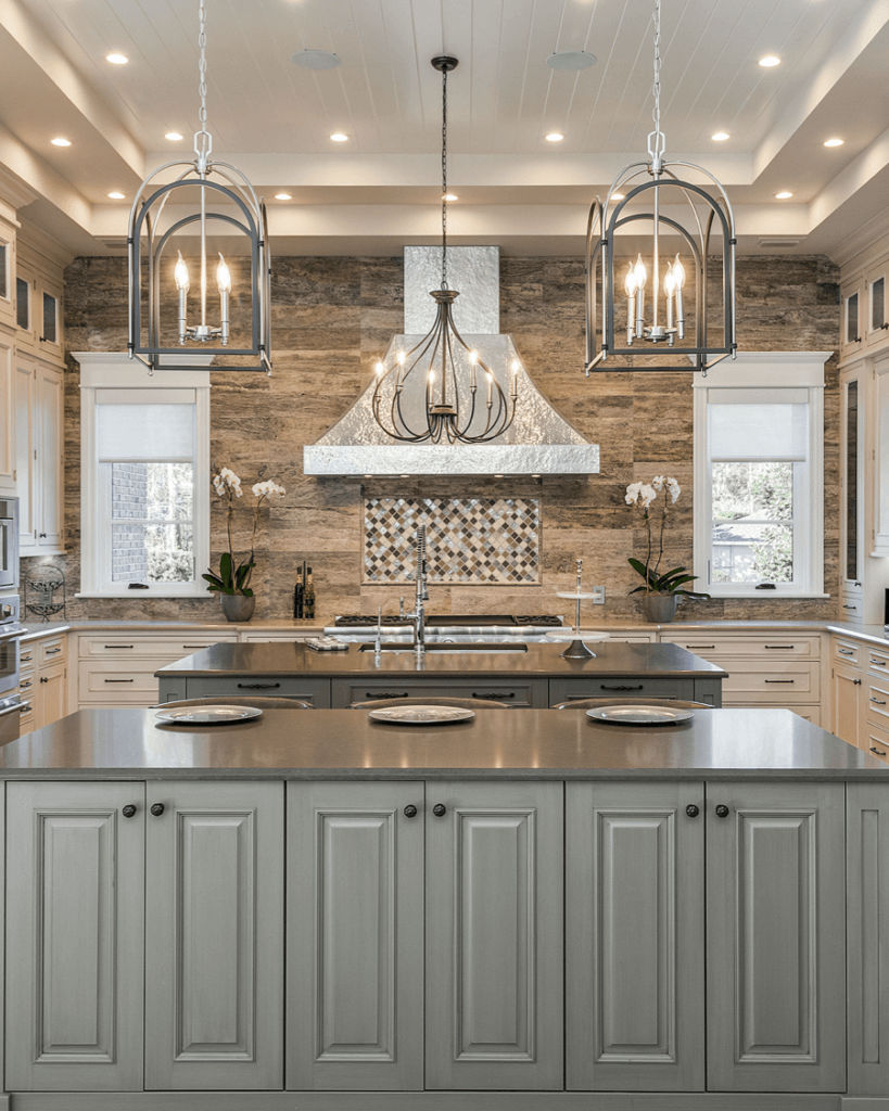Luxury kitchen island with elegant chandeliers above