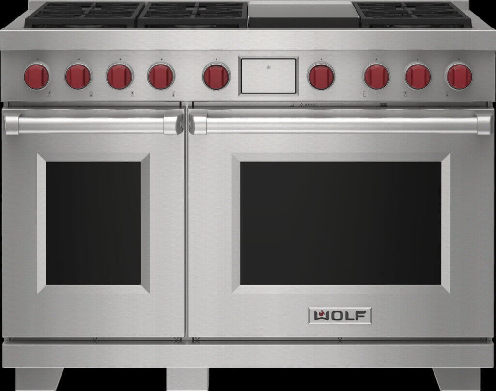 Stainless steel Wolf stove with six burners and red knobs Wolf Dual Fuel Range