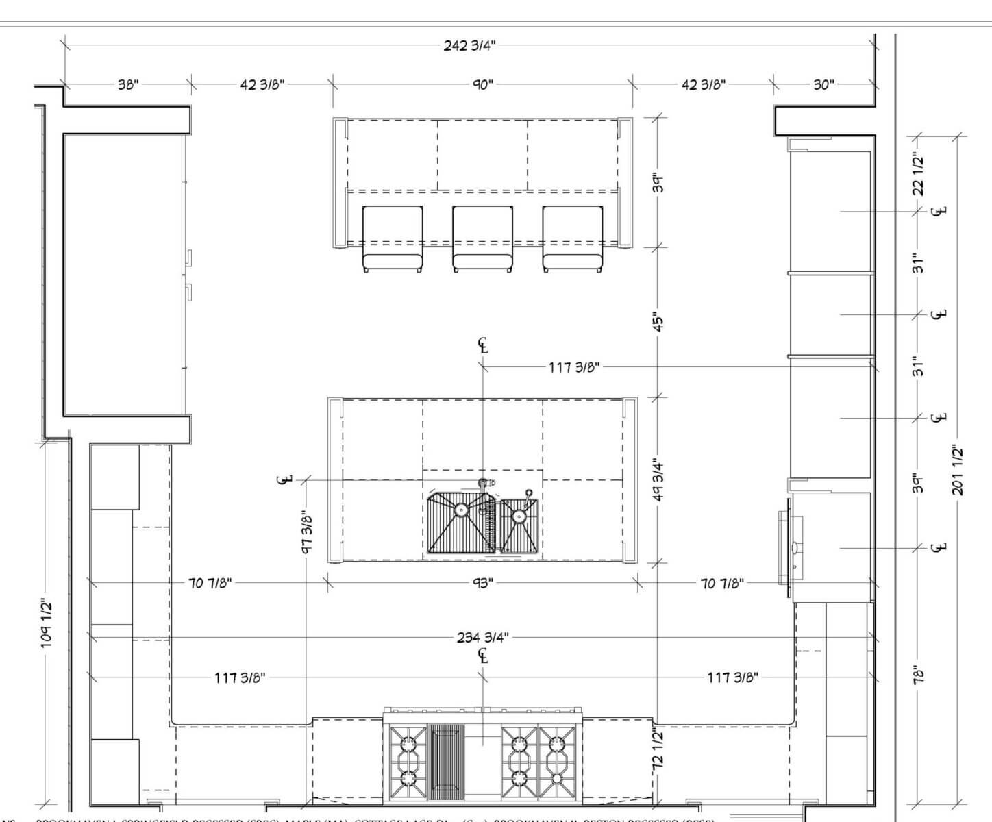 Blueprint of a kitchen layout to scale